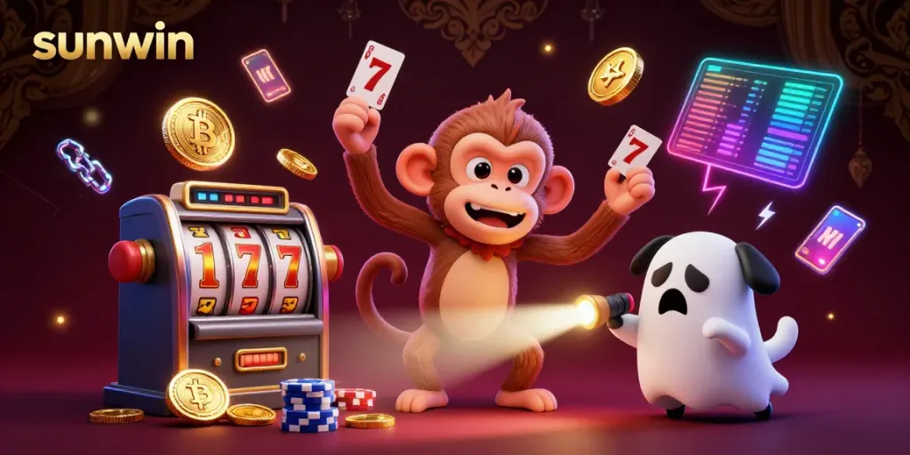 Experience sunwin's exciting online casino with golden coins and illuminated characters in vibrant 3D.