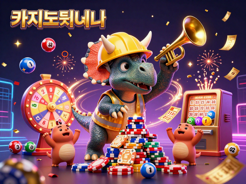 카지노사이트에서 3D 공룡 캐릭터들이 경품과 함께 축하하는 모습