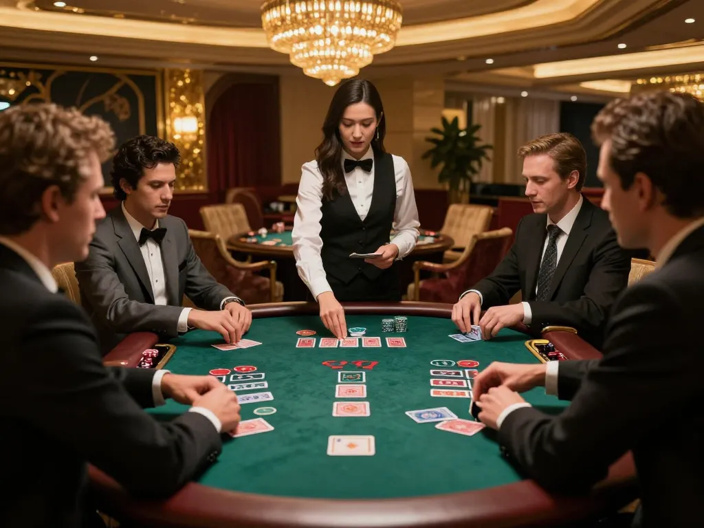 Hello88 players strategizing at a luxurious blackjack table in an upscale casino environment, excitement evident in their expressions.