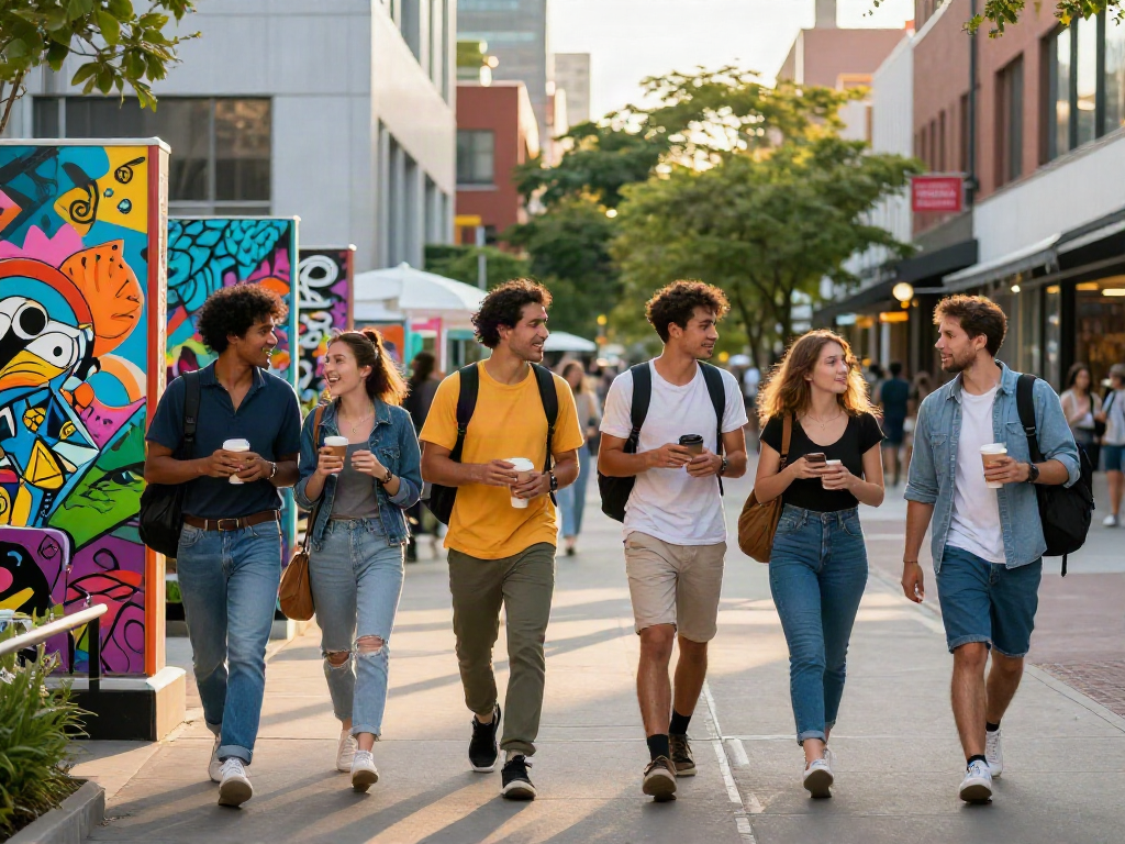 A vibrant urban scene featuring friends engaging in lively conversation while exploring the city, embodying akunjp's urban lifestyle.