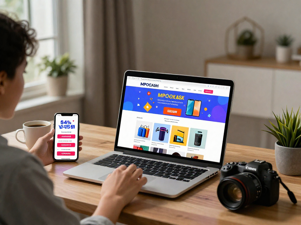 Engaging MPOCASH.blog shopping experience at a modern home office setup with vibrant promotions and colorful products.