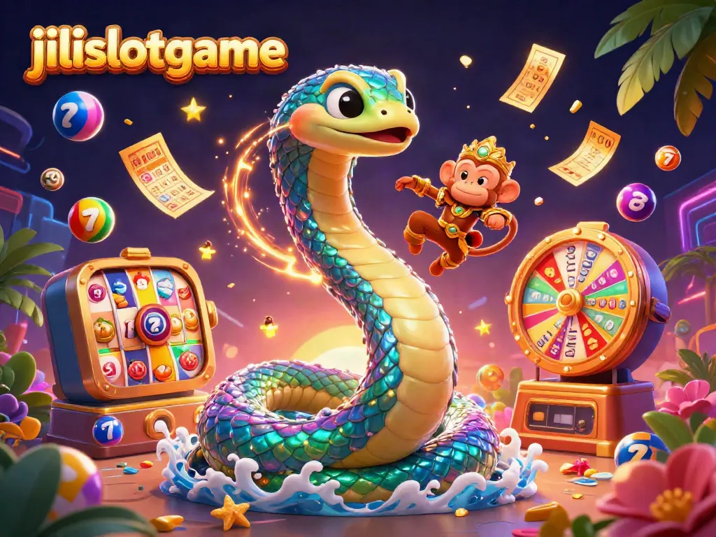 Engaging jilislotgame scene with a rainbow serpent, a monkey king, and vibrant gambling elements.