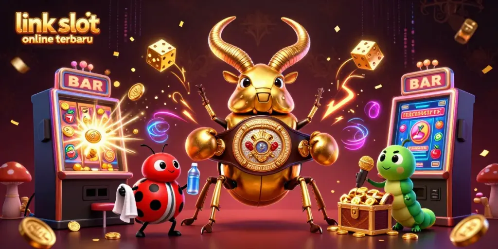 Link slot online terbaru dengan ilustrasi 3D penuh warna dari karakter unik dan mesin slot.