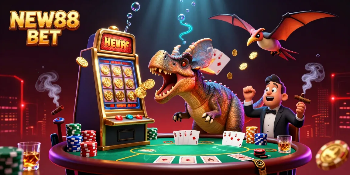 Catch flying coins with NEW88 BET as a pachycephalosaurus triggers a jackpot in a lively casino scene.