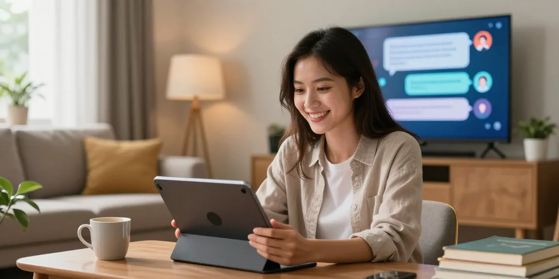 Young woman enjoying engaging ai sex chat on a tablet in a cozy living room.
