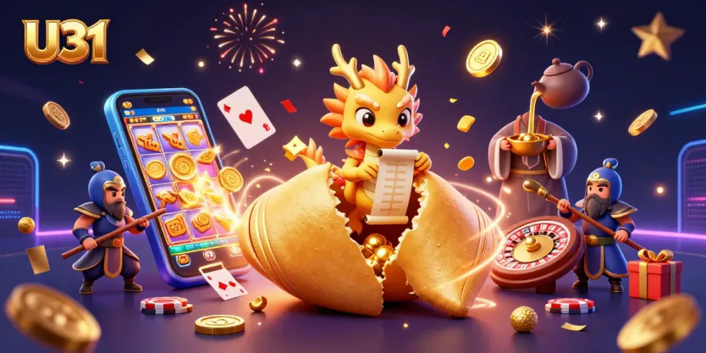 Win exciting offers at U31 with vibrant 3D illustration of a golden fortune cookie, gaming elements, and animated characters.