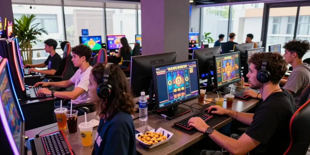 Friends enjoying a lively slot gacor gaming session in a vibrant lounge.