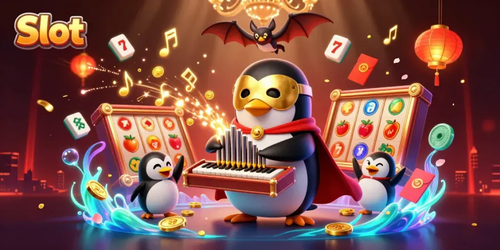 Slot menang besar dengan penguin opera yang memainkan organ dan koin emas meluncur, dalam suasana kasino hidup.