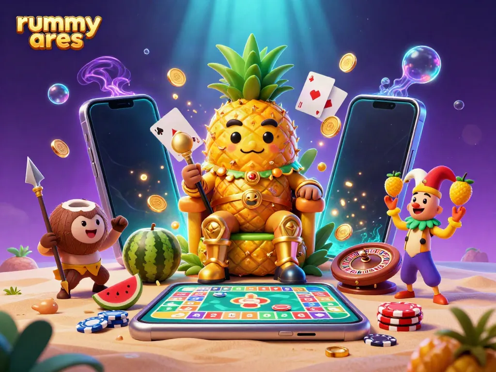 Experience thrilling gameplay with rummy ares, featuring a vibrant 3D beach casino scene filled with gold coins and dynamic rummy game elements.