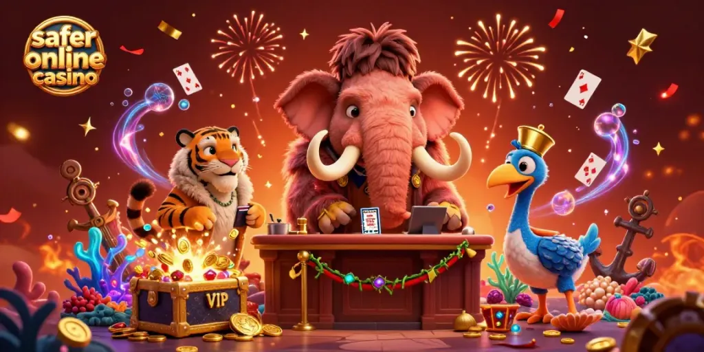 Experience the excitement of a safer online casino with a lively 3D scene featuring a colorful bouncer and VIP guests.