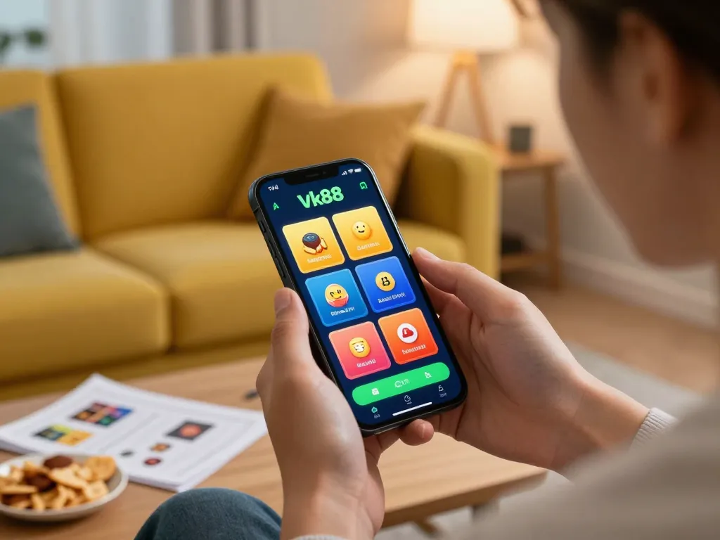 Tải app Vk88 on smartphone while enjoying a cozy home gaming session, showcasing exciting betting options.