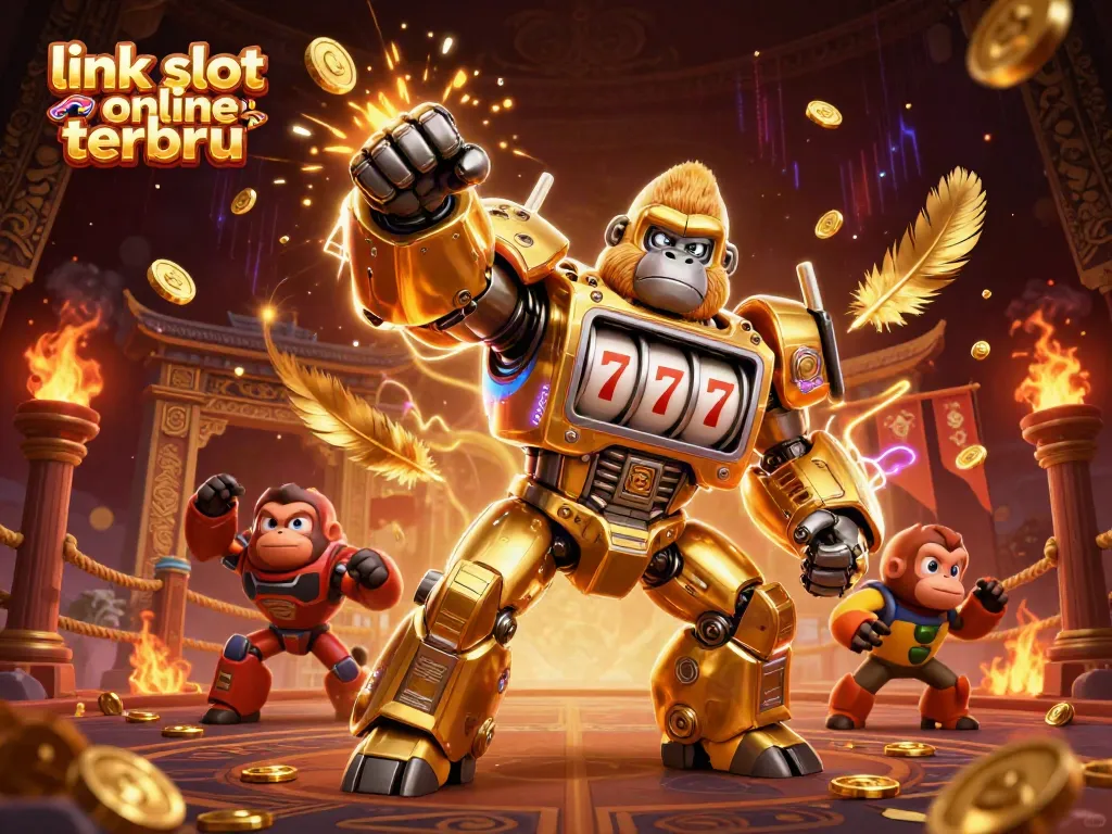 Gorila emas transformer memukau dengan mesin slot, menampilkan link slot online terbaru yang megah di arena pertarungan.