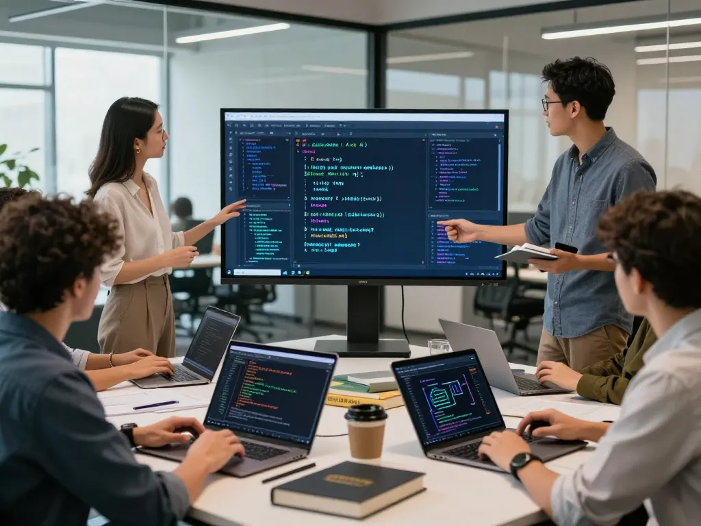Team collaboration on juicy ai software solutions in a modern tech office.