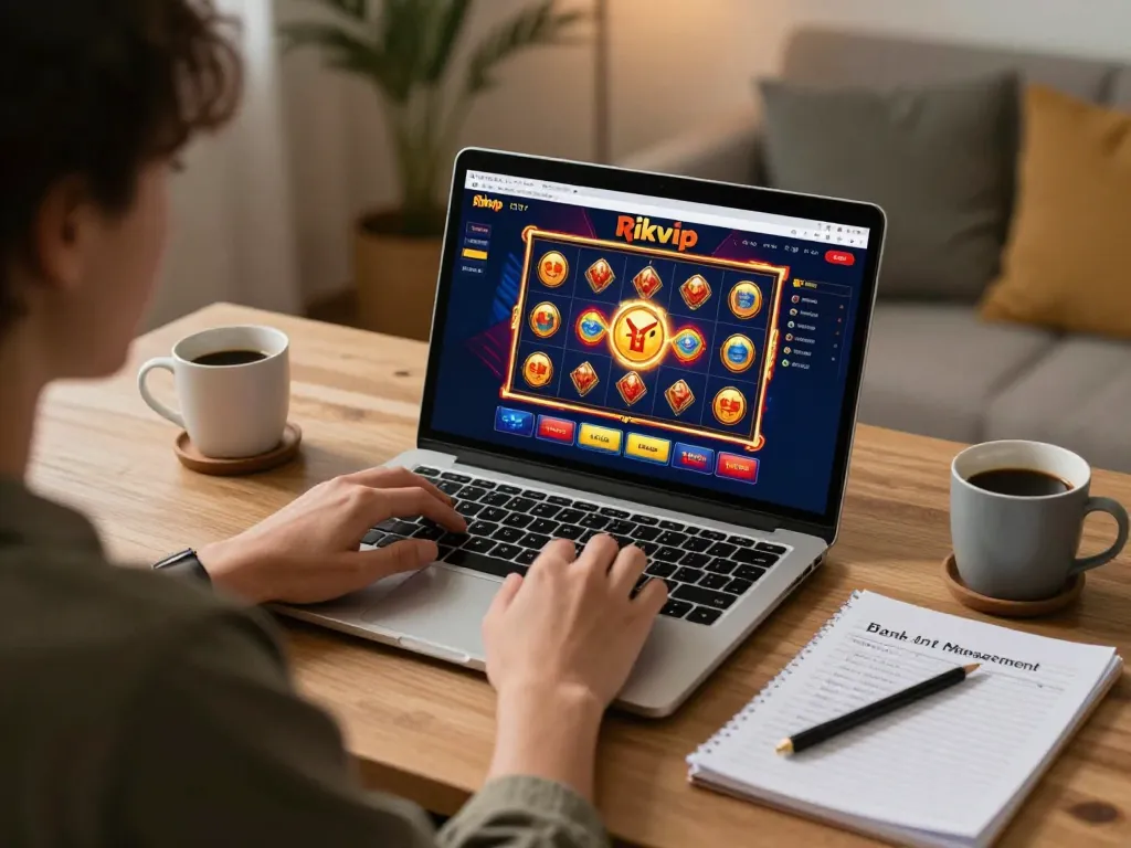 Engaging home gameplay on Rikvip casino laptop, person focused on slot game excitement.