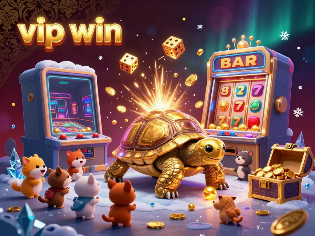 Experience excitement with vip win in this vibrant 3D slot machine illustration bursting with golden treasures.