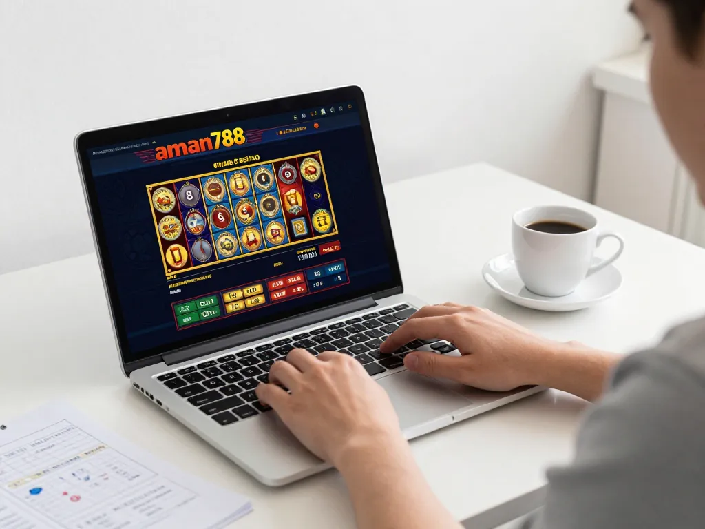 Seseorang yang terlibat dengan slot online aman788 di laptop mereka, menangkap momen bermain yang fokus.