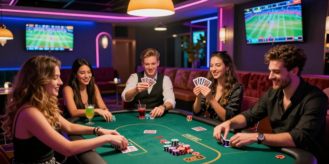 Exciting gaming night at KO66 Casino with friends celebrating at a poker table under bright neon lights.