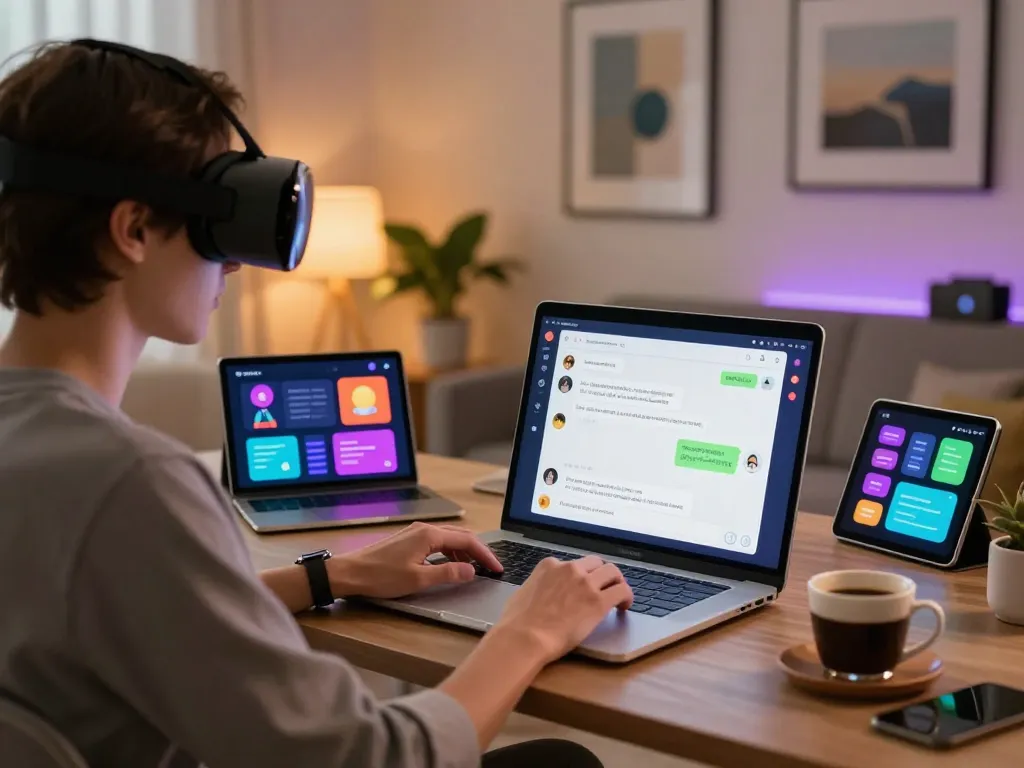 Engaging user interacting with nsfw ai chatbot in modern home office setting, showcasing vibrant technology and relaxed atmosphere.