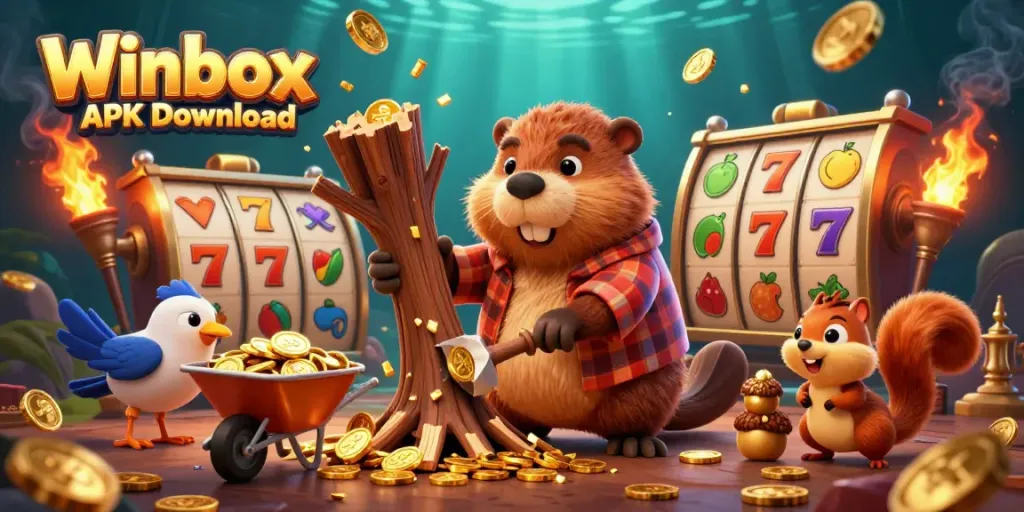 Winbox APK Download with a playful beaver and friends amidst spinning slot reels and gold coins.