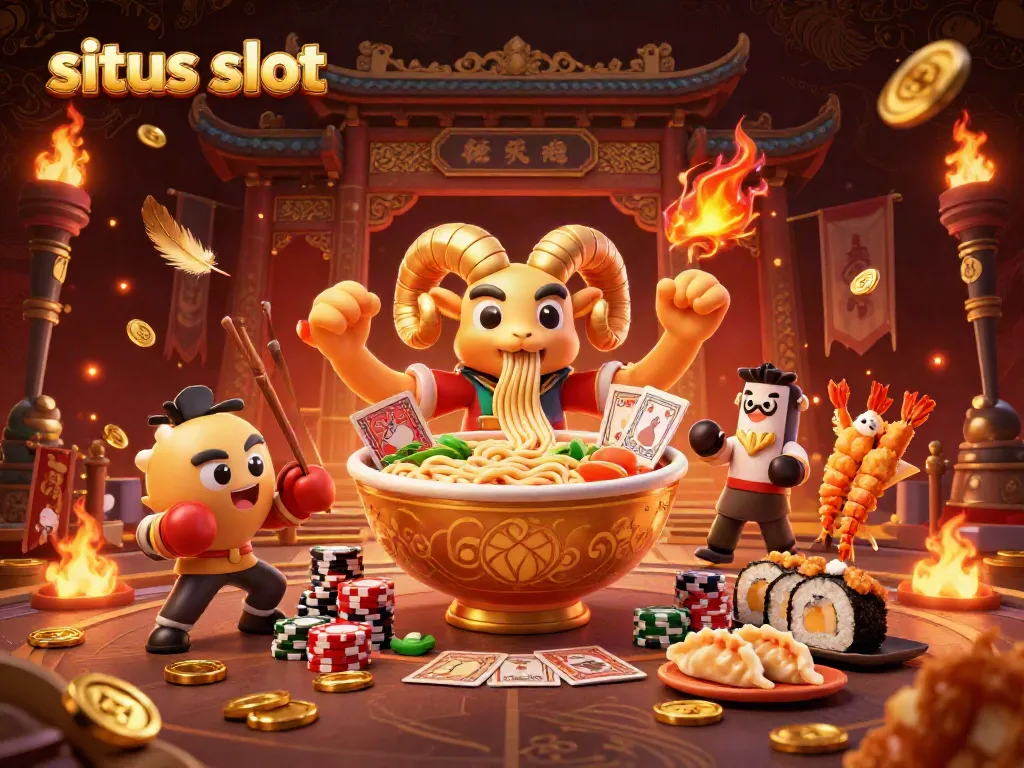 Engage with the exciting situs slot scene featuring a giant ramen bowl dealer with vibrant characters in a dynamic casino atmosphere.