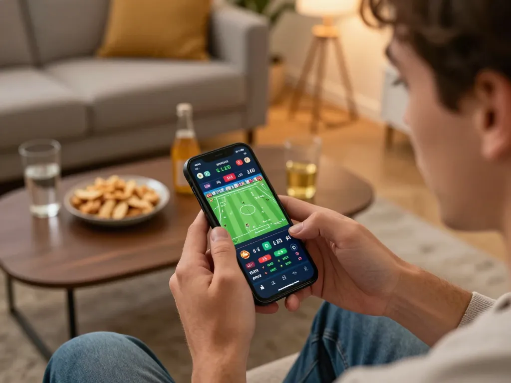 Engaging in mobile sports betting on a smartphone while exploring m101 odds in a cozy living room.