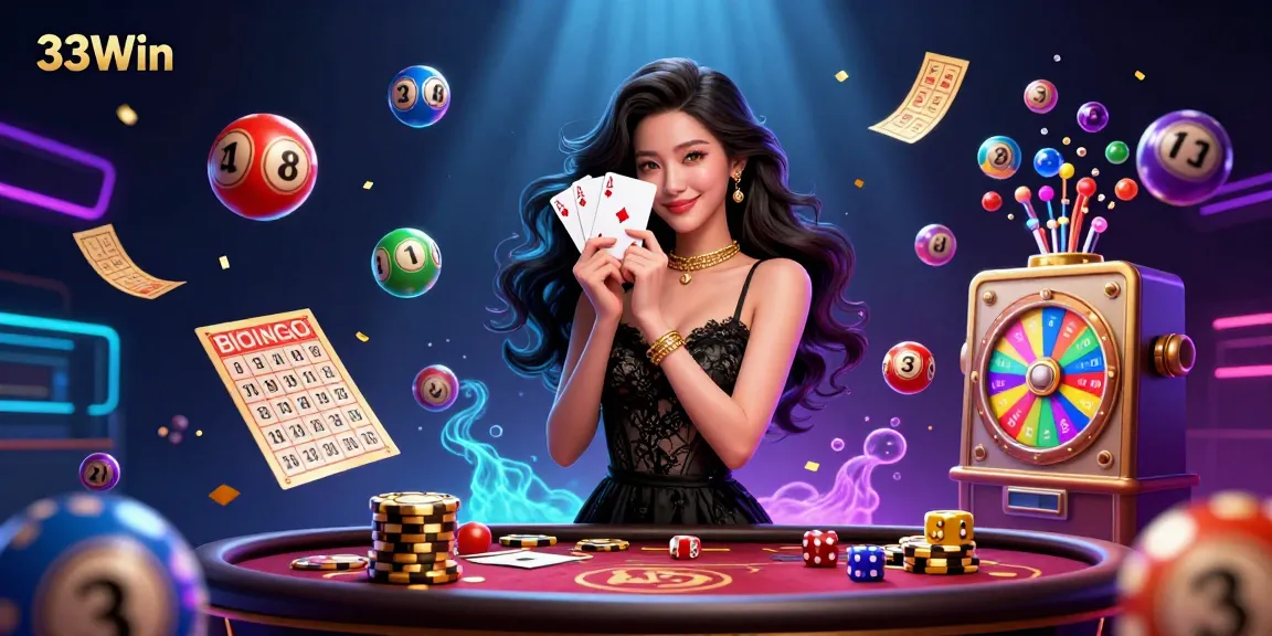 Experience thrilling gameplay with 33Win, featuring a stylish woman holding poker cards amid vibrant casino chaos.
