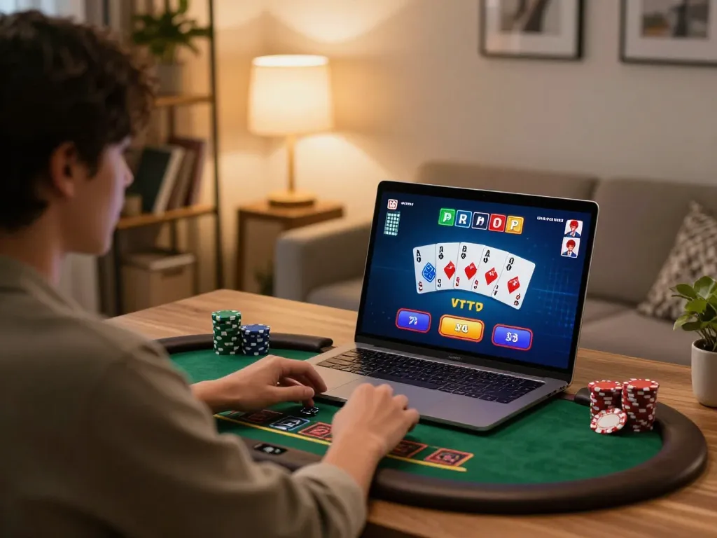 Play live dealer blackjack on W188 gaming platform with laptop and cozy home setup