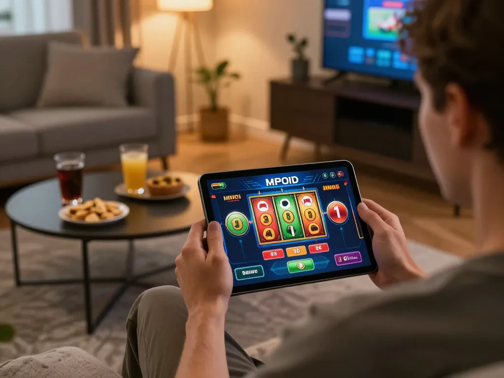 MPOID app experience on tablet at home, showcasing interactive gaming setup and cozy ambiance.