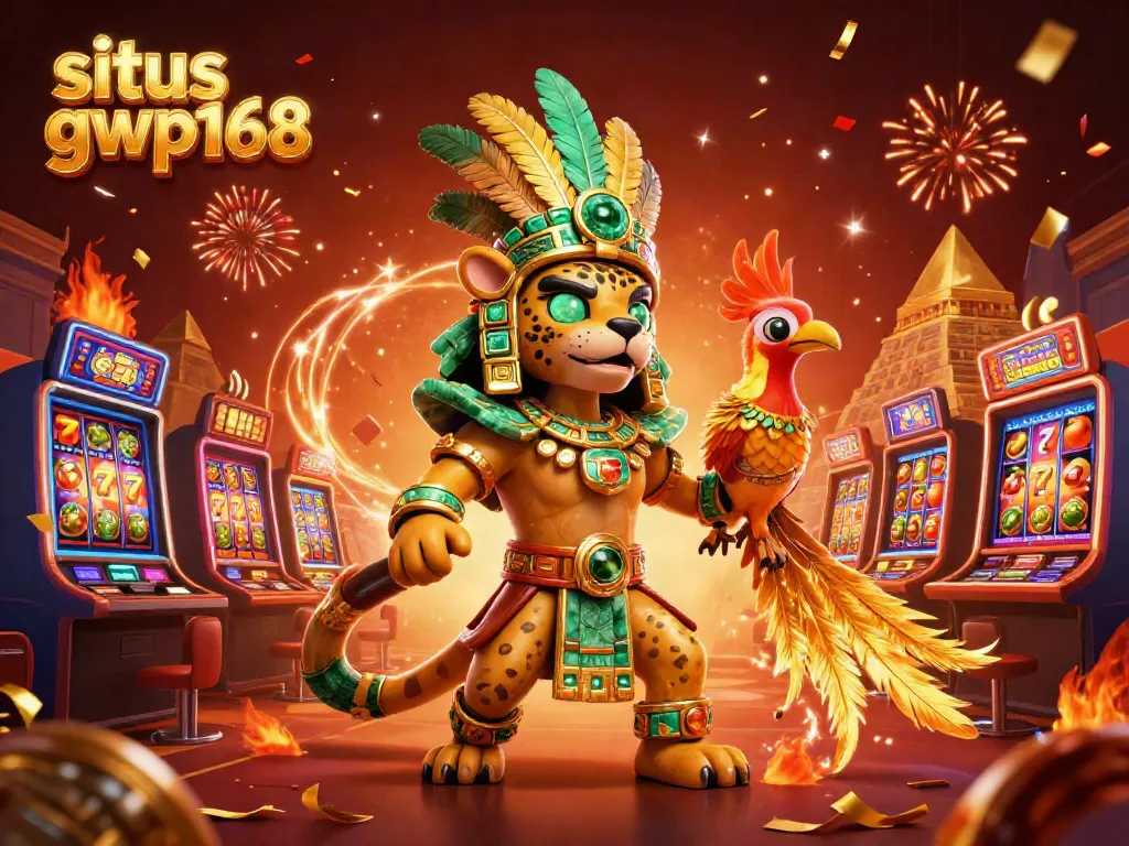 Aksi menang besar di permainan slot situs gwp168 dengan simbol jackpot dan karakter yang meriah.