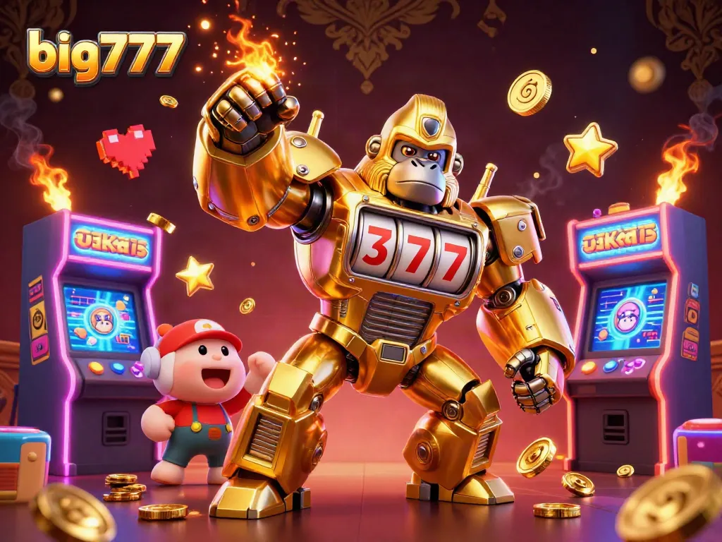 Experience the thrill of big777 slots with a golden gorilla mech and exciting game elements.