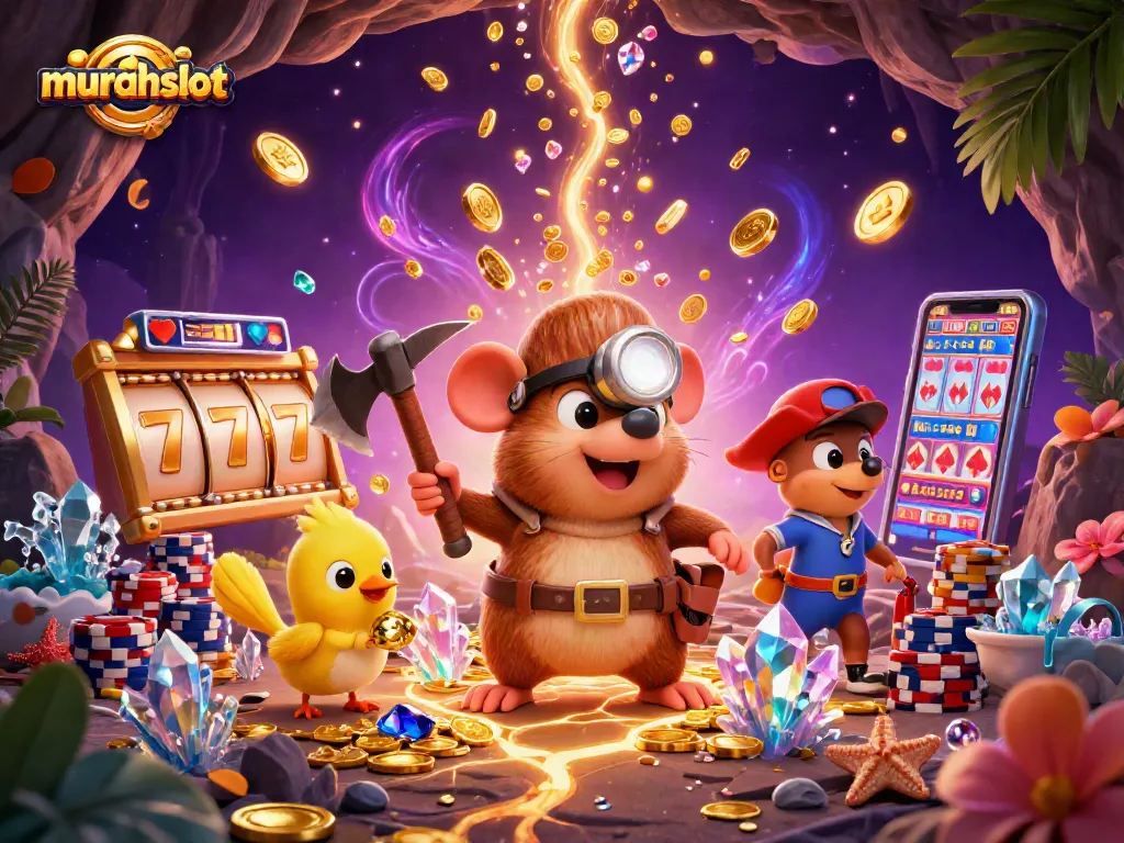 Menangkan jackpot di murahslot dengan karakter penambang yang penuh harta karun dan slot mesin yang berkilauan.