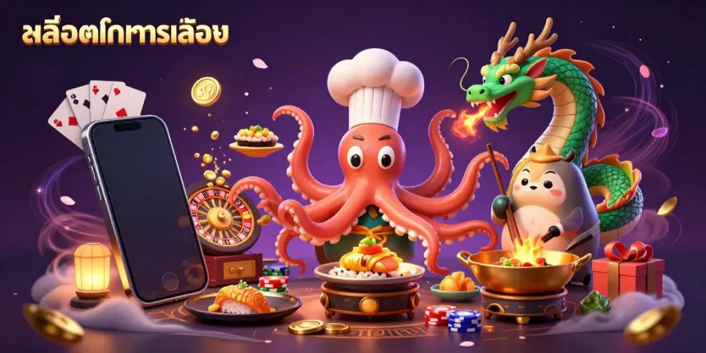 ทดลองเล่นสล็อตฟรีกับซูชิพ่อครัวปลาหมึกและมังกรในภาพ 3D