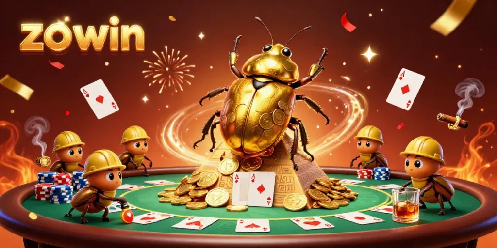 Engage with the thrilling world of zo win as golden beetles roll coins, enveloped in casino elements.