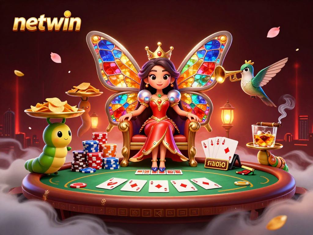 Join the fun with netwin at a vibrant poker scene featuring a butterfly queen and lively characters.
