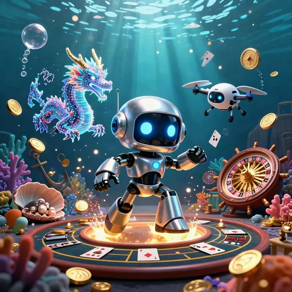 Chrome robot, holographic dragon and coin drone in a gold-lit underwater treasure cove.