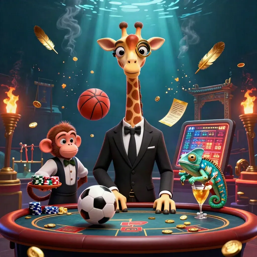 Suit-clad giraffe, valet monkey and bartender chameleon amid coins, sports balls and blazing gold light.