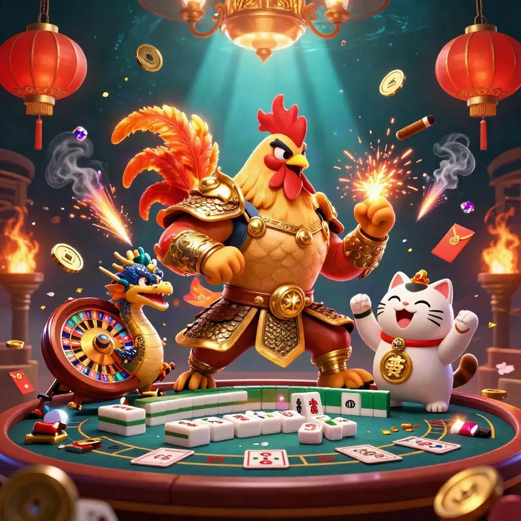 Rooster warrior, dragon hatchling and fortune cat amid casino lights, jade coins, lanterns and sparks