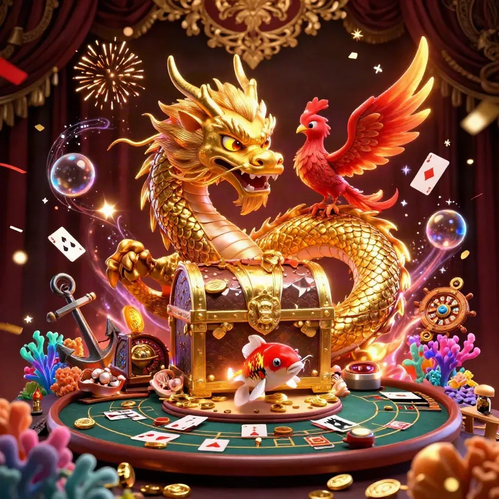 Golden dragon with phoenix and koi in a luxe casino treasure cove, glowing, cinematic and crowded.