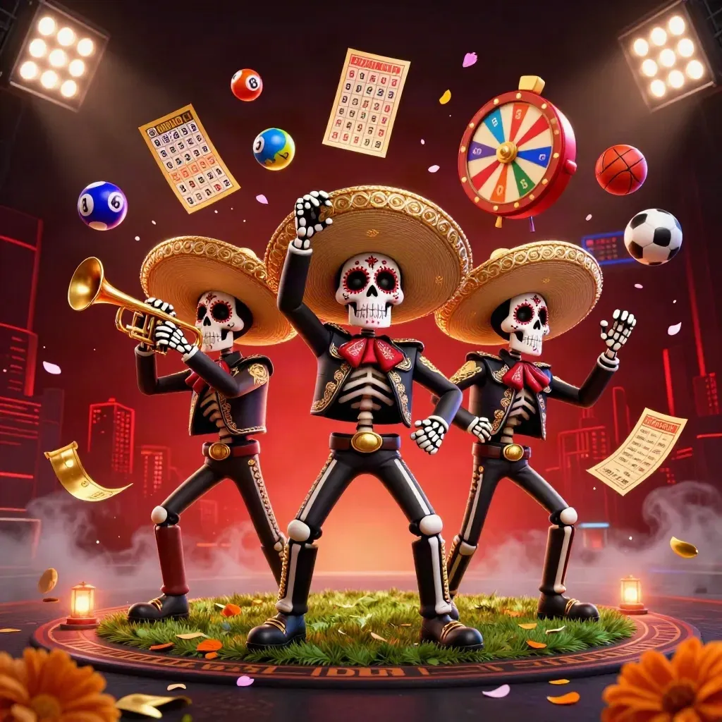 Day-of-the-Dead skeleton mariachi trio amid casino balls, prize wheel, petals, and neon red-gold glow