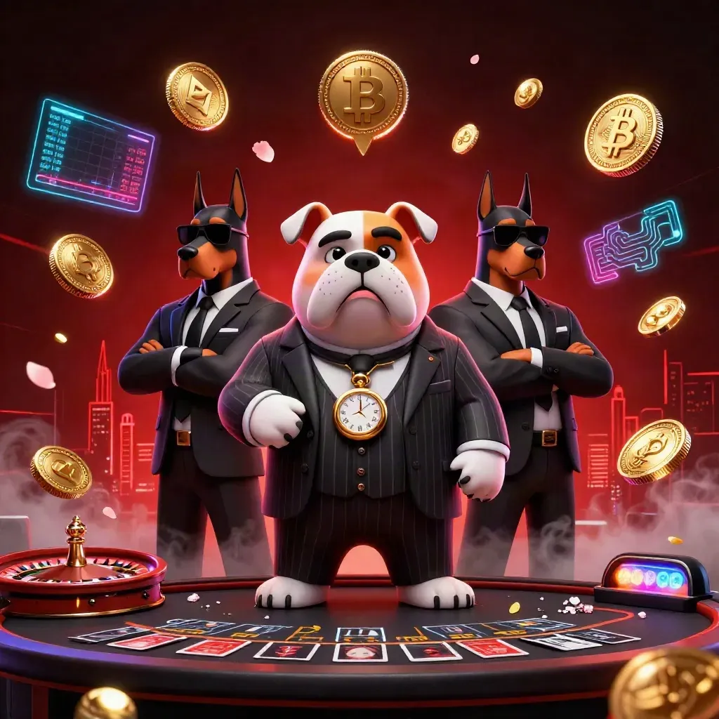 Bulldog casino boss with two Dobermans amid neon coins, cards, and red smoky lights.