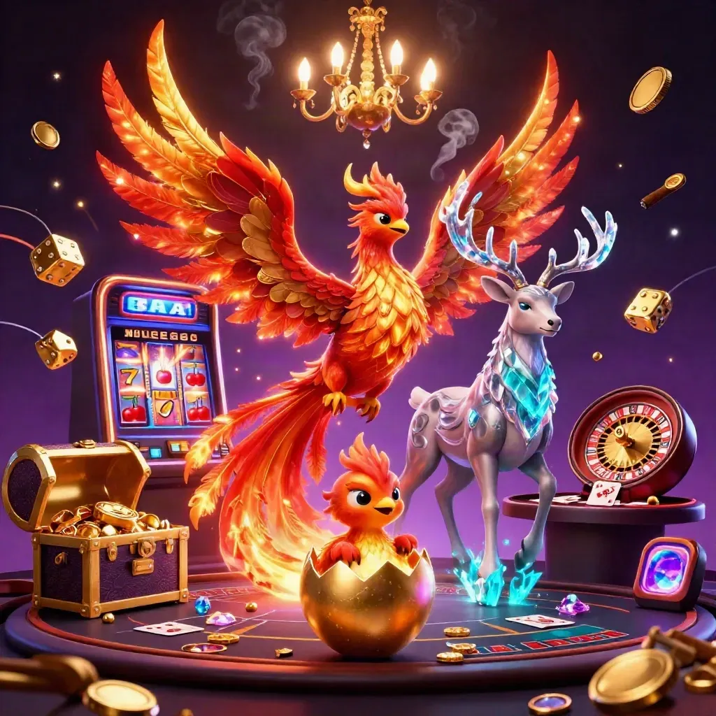 Phoenix, stag, and hatching egg amid casino magic, slot sparks, dice, gold, and neon light.