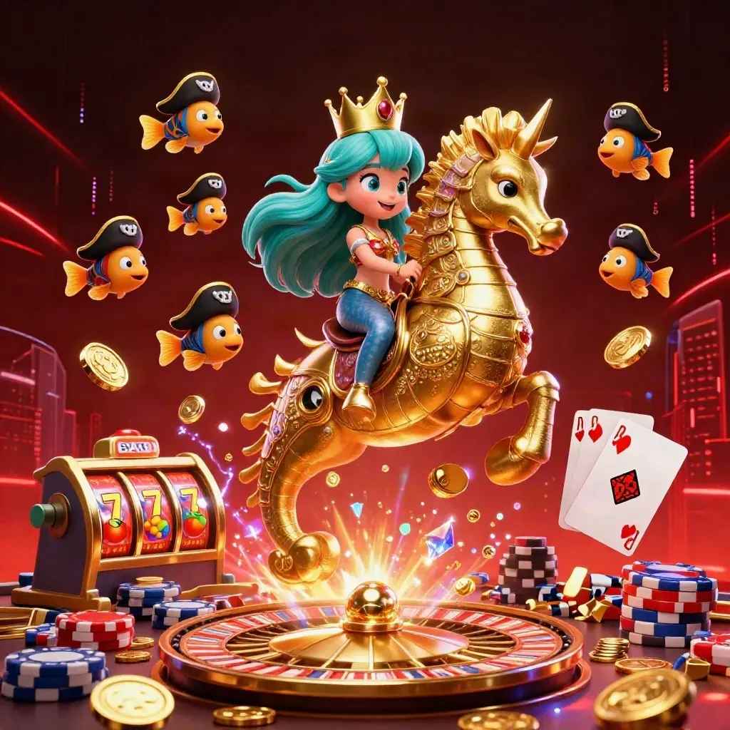 Mermaid princess riding armored seahorse amid coins, cards, chips, neon energy and casino lights.
