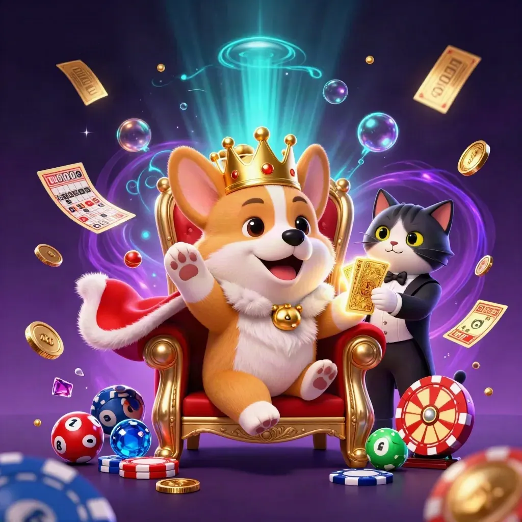 Royal corgi and cat butler amid gold chips, gems, lottery balls, and neon casino magic