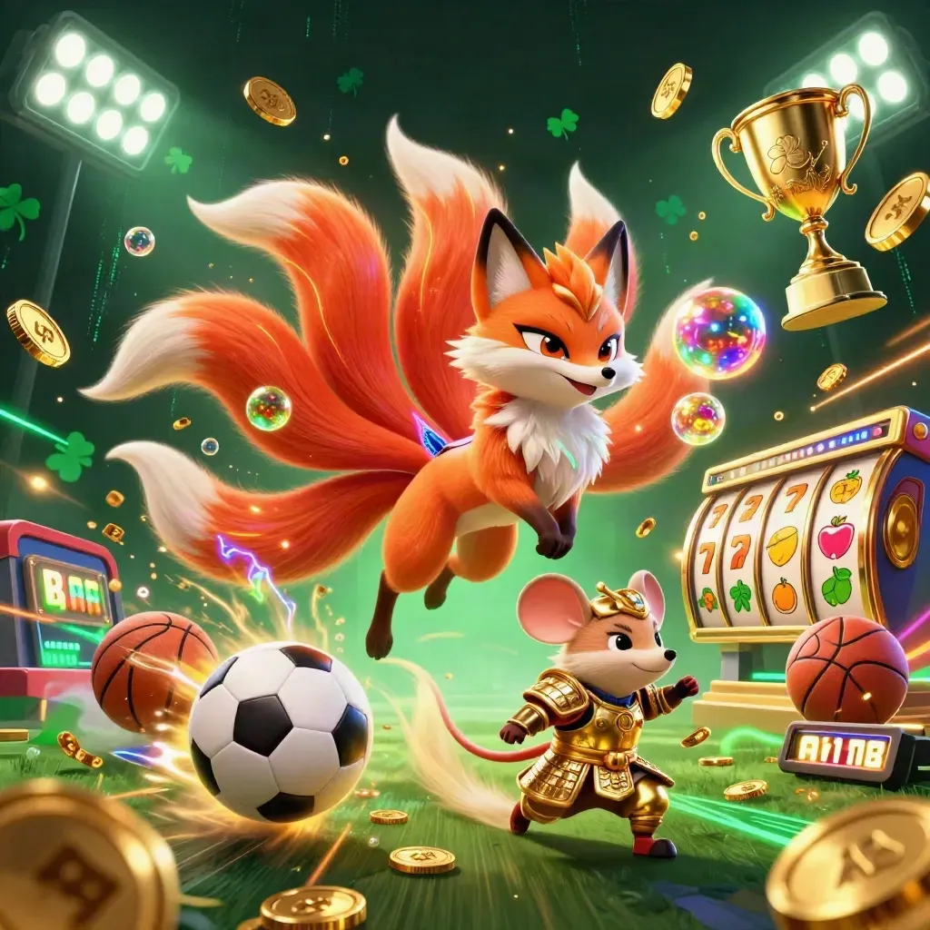 Neon fox spirit and golden mouse amid casino energy, coins, balls, trophies and dark emerald glow.