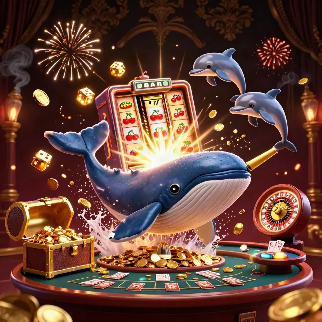 Whale captain, narwhal and dolphins amid exploding casino riches, coins and fireworks in luxe gold light.