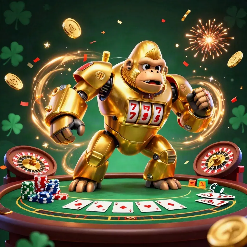 Golden gorilla mech with monkey pilot amid casino chips, cards, roulette, confetti and fireworks.