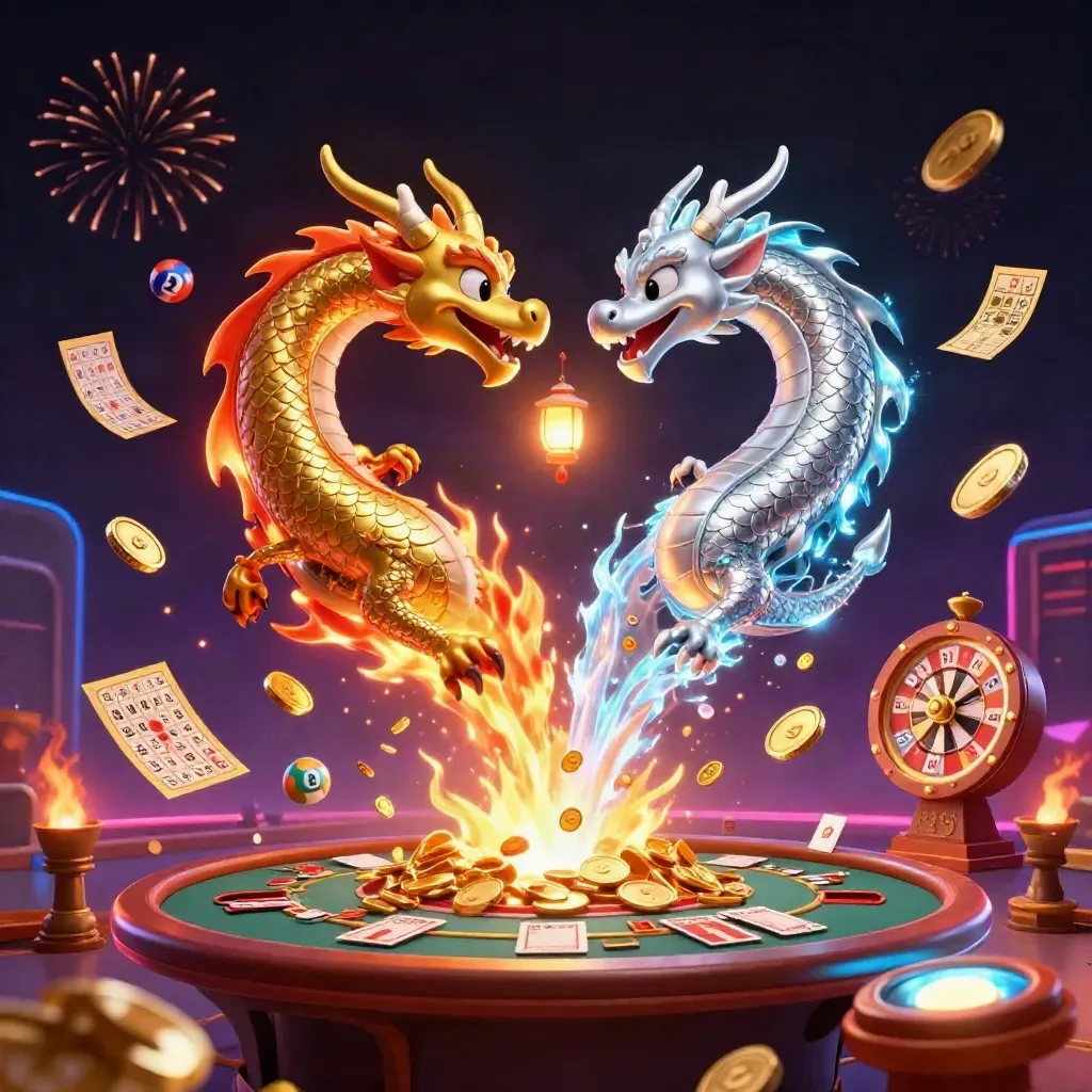 Gold and silver dragons swirl amid coins, lottery balls, a wheel, and neon casino lights.