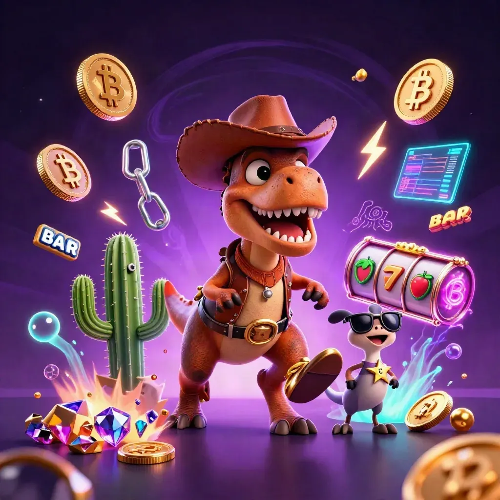 Cowboy T-Rex, cactus sidekick, and sheriff roadrunner amid neon casino treasure and coins