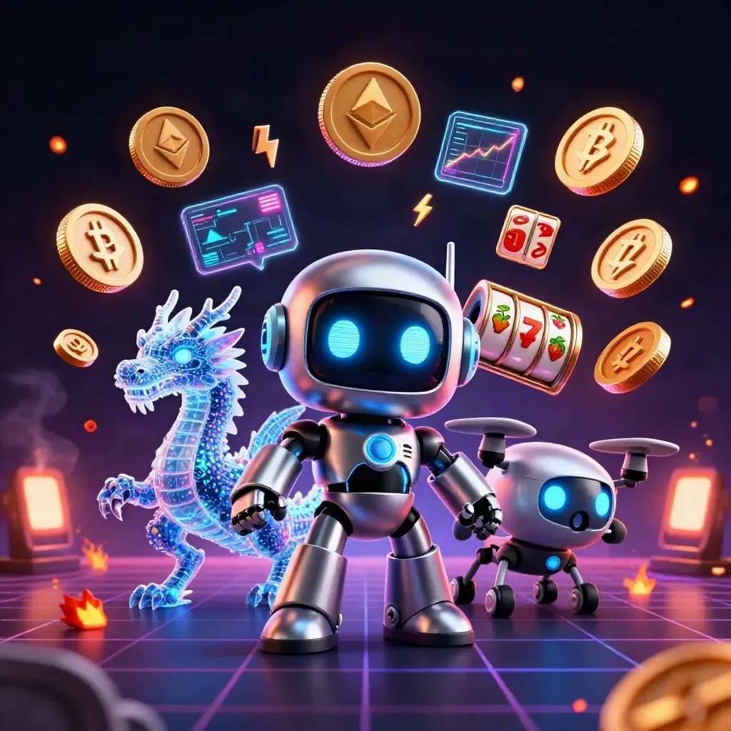 Cyberpunk robot, holographic dragon, and coin drone amid casino reels and neon coins.