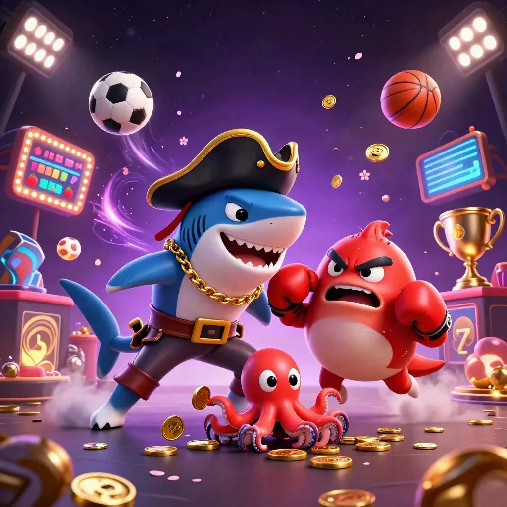 Pirate shark, boxing pufferfish, and juggling octopus amid casino symbols and gold light.